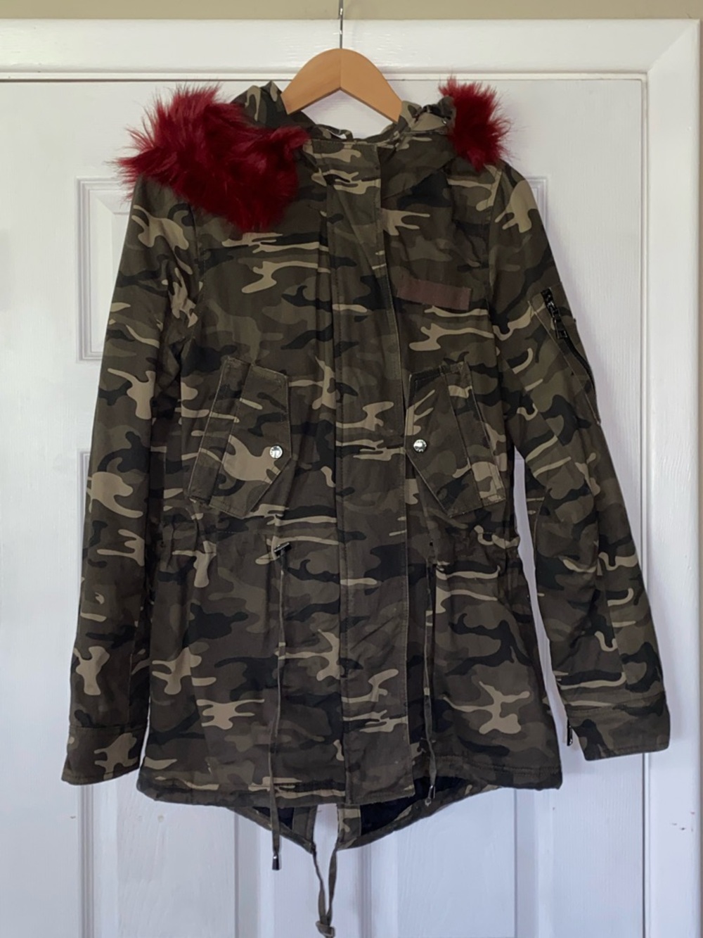 Camouflage Utility Jacket with Red Faux-Fur Hood Trim